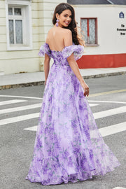 Lavender Printed A line Prom Dress with Removable Sleeves