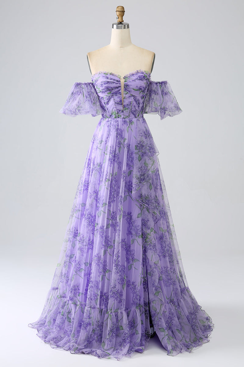 Load image into Gallery viewer, Printed Lavender Off the Shoulder A line Prom Dress with Removable Sleeves