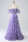 Printed Lavender Off the Shoulder A line Prom Dress with Removable Sleeves