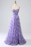 Printed Lavender Off the Shoulder A line Prom Dress with Removable Sleeves