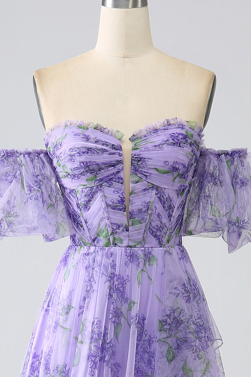 Load image into Gallery viewer, Printed Lavender Off the Shoulder A line Prom Dress with Removable Sleeves