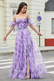 Lavender Printed A line Prom Dress with Removable Sleeves