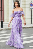 Lavender Printed A line Prom Dress with Removable Sleeves