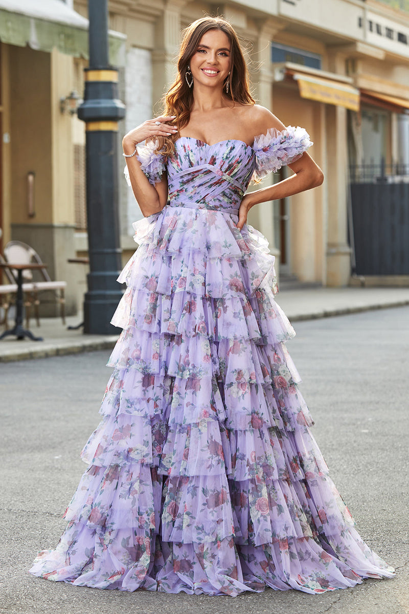 Load image into Gallery viewer, Gorgeous A Line Off the Shoulder Lavender Printed Long Prom Dress with Ruffles
