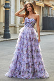 Gorgeous A Line Off the Shoulder Lavender Printed Long Prom Dress with Ruffles