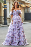 Gorgeous A Line Off the Shoulder Lavender Printed Long Prom Dress with Ruffles