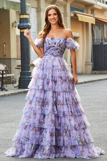 Gorgeous A Line Off the Shoulder Lavender Printed Long Prom Dress with Ruffles