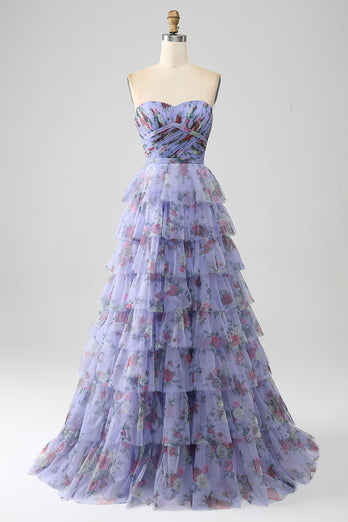 Off the Shoulder Floral Printed Tiered Prom Dress with Pleated