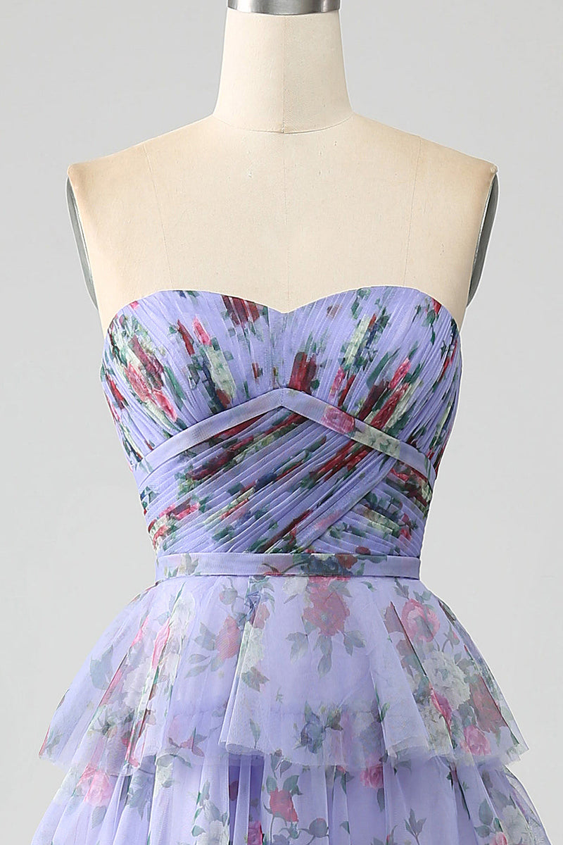 Load image into Gallery viewer, Off the Shoulder Floral Printed Tiered Prom Dress with Pleated