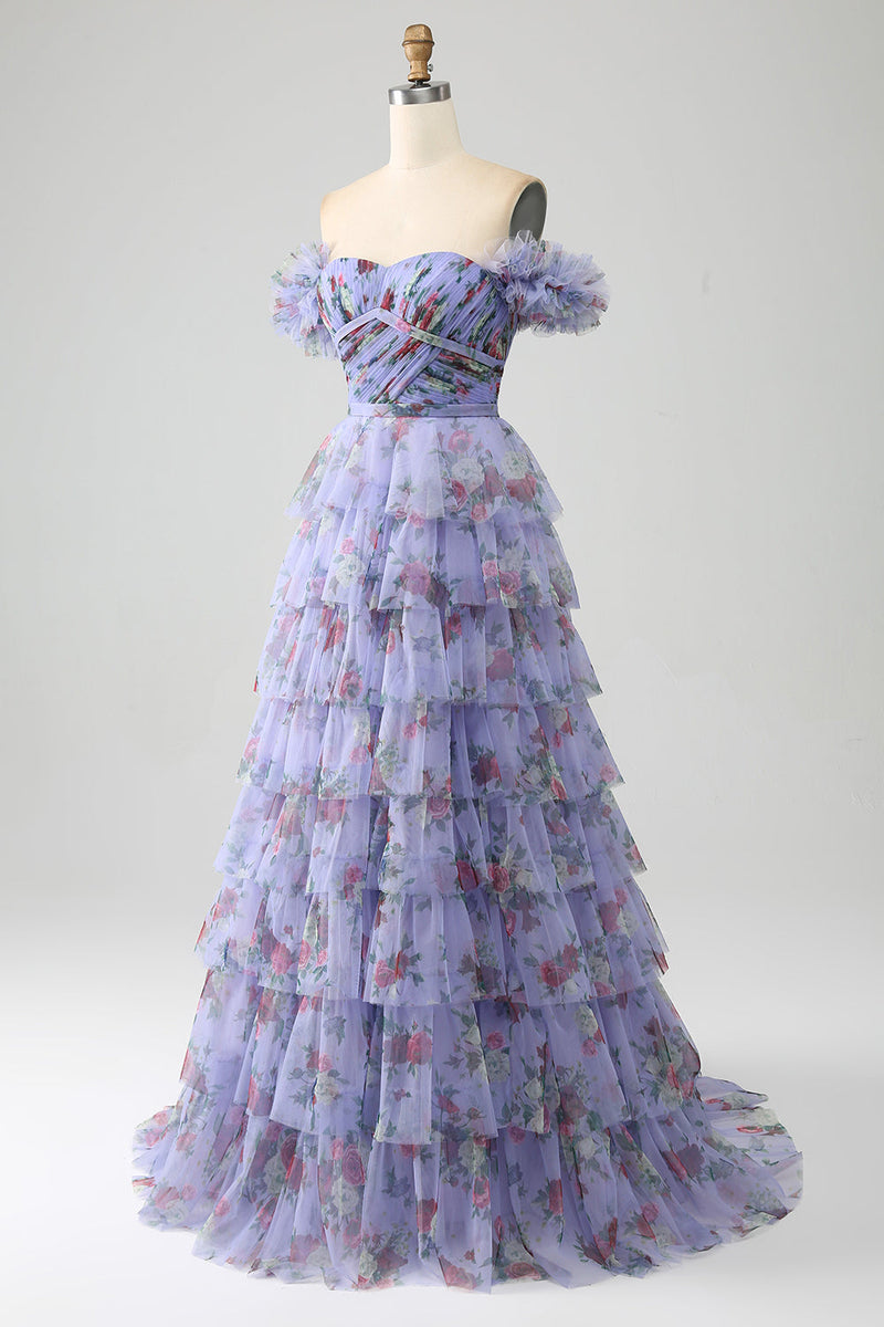 Load image into Gallery viewer, Off the Shoulder Floral Printed Tiered Prom Dress with Pleated