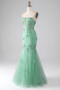 Load image into Gallery viewer, Green Mermaid Strapless Tulle Long Prom Dress with Appliques