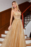 Golden Glitter Corset Long Prom Dress with Flowers