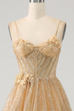 Glitter Golden Corset Long Prom Dress with Flowers