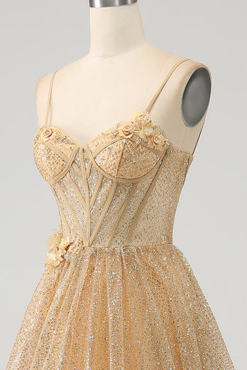 Glitter Golden Corset Long Prom Dress with Flowers