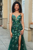 Stunning Mermaid Spaghetti Straps Dark Green Long Prom Dress with Appliques