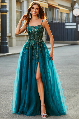 Gorgeous A Line Spaghetti Straps Dark Green Long Prom Dress with Appliques