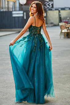 Gorgeous A Line Spaghetti Straps Dark Green Long Prom Dress with Appliques