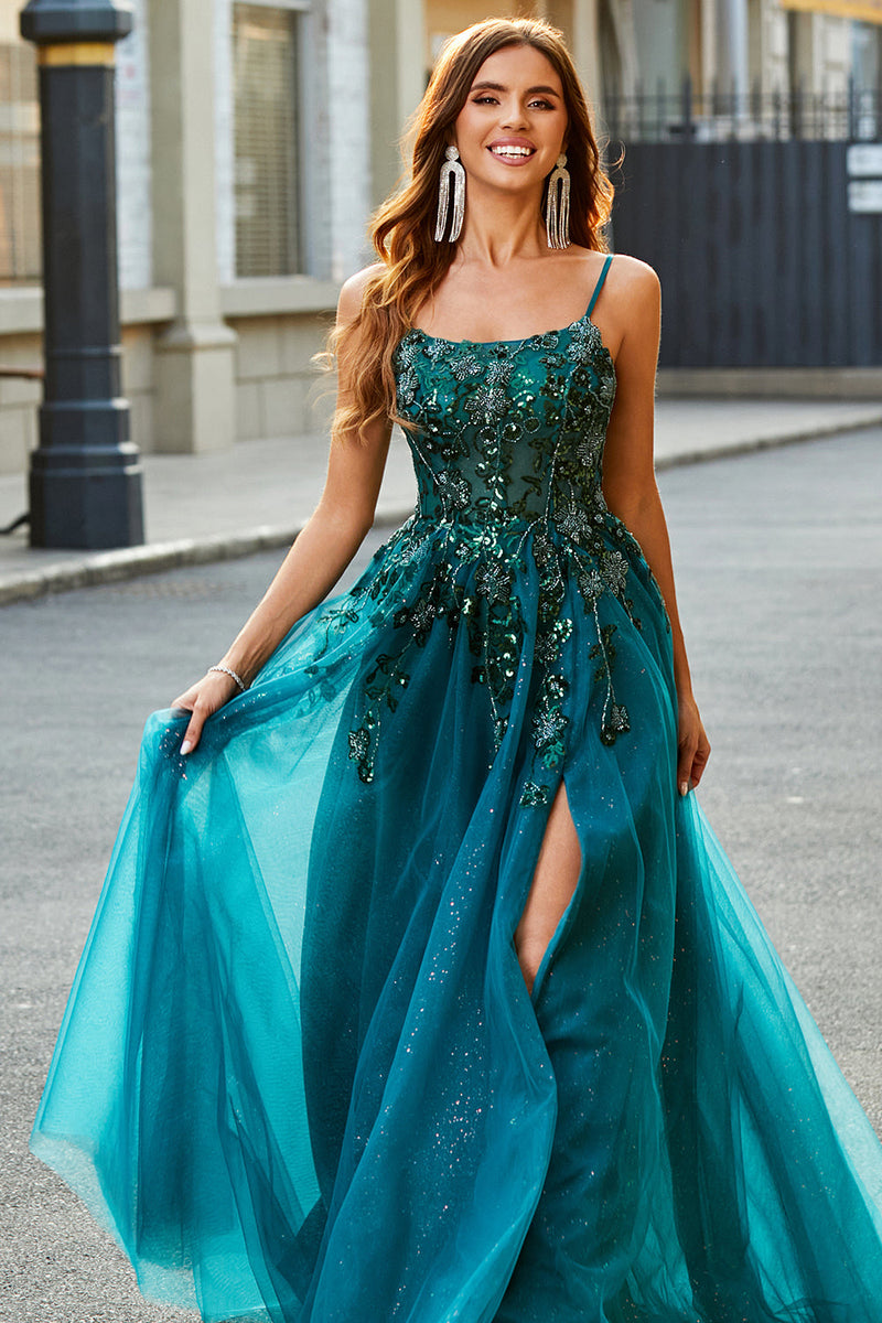 Load image into Gallery viewer, Gorgeous A Line Spaghetti Straps Dark Green Long Prom Dress with Appliques