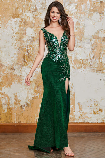 Sparkly Dark Green Mermaid Prom Dress with Slit