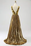 Sparkly A Line Deep V-Neck Golden Long Prom Dress with Split Front