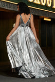 Sparkly A-Line V-Neck Silver Mirror Prom Dress with Slit