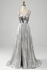 Load image into Gallery viewer, Sparkly A-Line V-Neck Silver Mirror Prom Dress with Slit