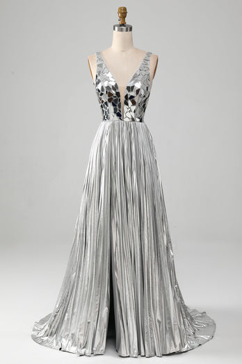 Sparkly A Line Deep V-Neck Golden Long Prom Dress with Split Front