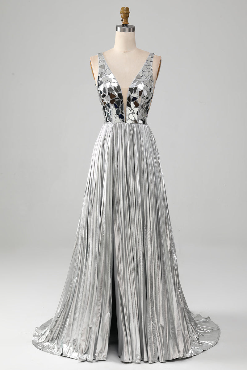 Load image into Gallery viewer, Sparkly A-Line V-Neck Silver Prom Dress with Slit