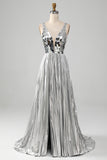 Sparkly A-Line V-Neck Silver Prom Dress with Slit