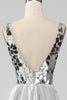 Load image into Gallery viewer, Sparkly A-Line V-Neck Silver Prom Dress with Slit