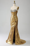 Golden Mermaid Strapless Long Prom Dress with Slit