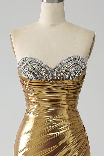 Golden Mermaid Strapless Long Prom Dress with Slit