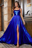 Sparkly A Line Royal Blue Long Prom Dress with Criss Cross Back