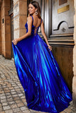 Sparkly A Line Royal Blue Long Prom Dress with Criss Cross Back