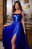 Sparkly A Line Royal Blue Long Prom Dress with Criss Cross Back