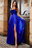 Sparkly A Line Royal Blue Long Prom Dress with Criss Cross Back