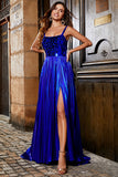 Sparkly A Line Royal Blue Long Prom Dress with Criss Cross Back