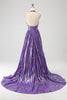 Load image into Gallery viewer, Glitter Purple Pleated Metallic Long Prom Dress with Slit