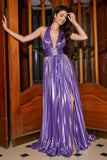 Purple Pleated Metallic Glitter Long Prom Dress with Slit