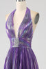 Load image into Gallery viewer, Glitter Purple Pleated Metallic Long Prom Dress with Slit