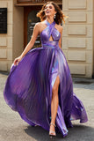 Stunning A Line Halter Neck Purple Long Prom Dress with Keyhole Split Front