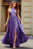 Stunning A Line Halter Neck Purple Long Prom Dress with Keyhole Split Front