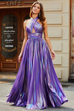 Stunning A Line Halter Neck Purple Long Prom Dress with Keyhole Split Front