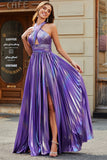 Stunning A Line Halter Neck Purple Long Prom Dress with Keyhole Split Front