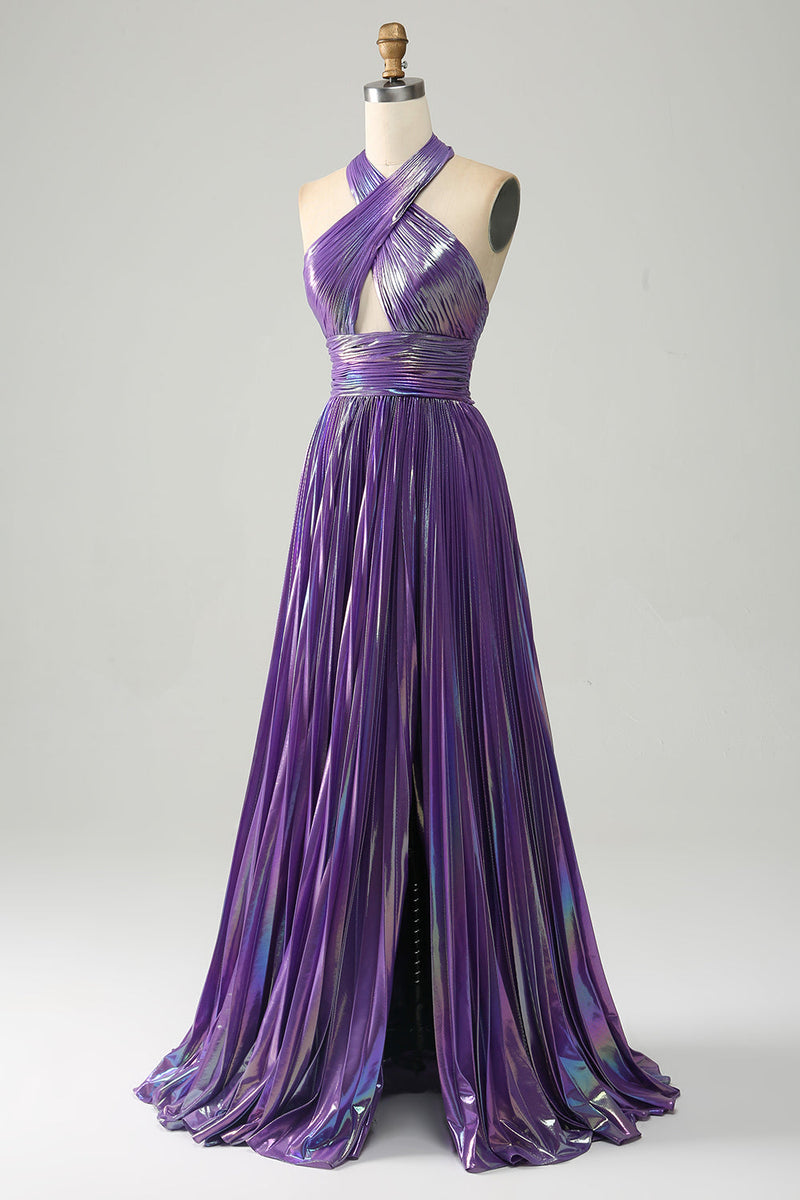 Load image into Gallery viewer, Sparkly Purple Halter A Line Prom Dress with Pleated