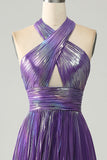 Sparkly Purple Halter A Line Prom Dress with Pleated