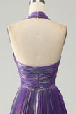 Sparkly Purple Halter A Line Prom Dress with Pleated