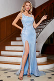 Mermaid Light Blue Stylish Long Prom Dress with Appliques