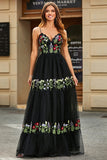 Gorgeous A Line Spaghetti Straps Black Long Prom Dress with Embroidery