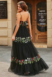 Gorgeous A Line Spaghetti Straps Black Long Prom Dress with Embroidery